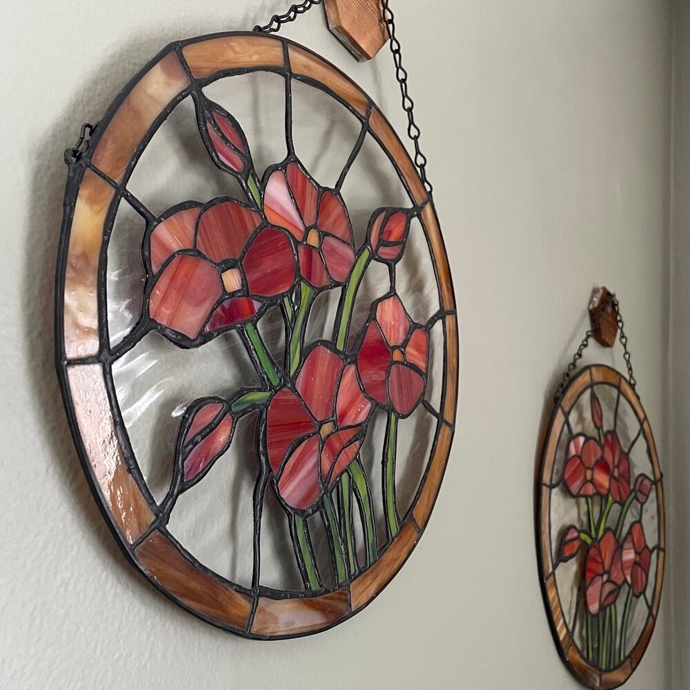 Vintage Round 12" Stained Glass Poppy Flower Suncatcher - Handmade Glass - Picture 6 of 9